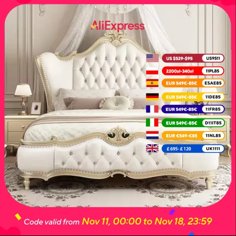 

King Size Headboard Double Bed Wooden Nordic Luxury Queen Double Bed European Princess Modern Cama De Casal Bedroom Furniture