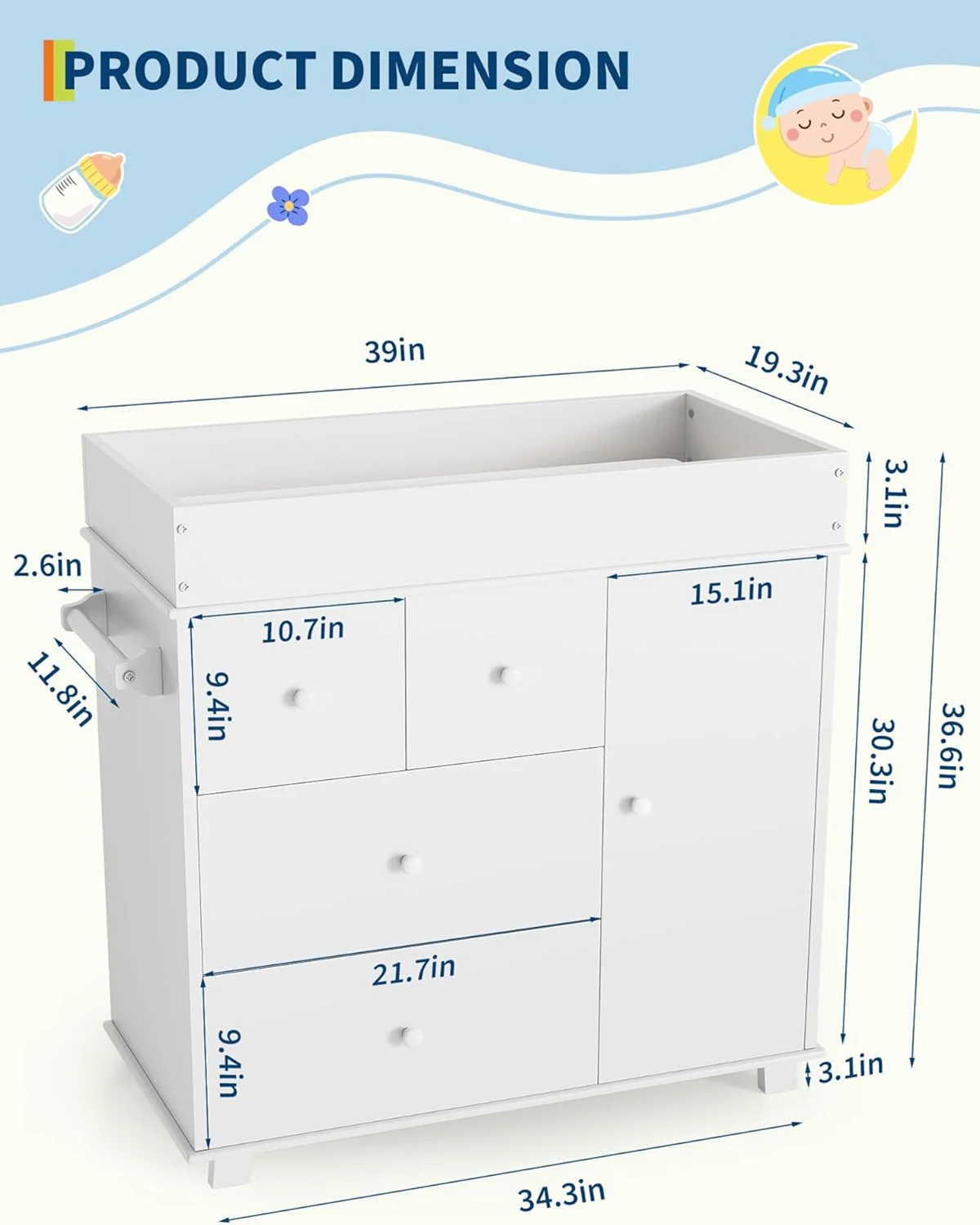 طاولة تغيير خزانة الأطفال مع 3 أدراج ومحطة تغيير الحفاضات الحديثة مع سرير تخزين الوسادة #4