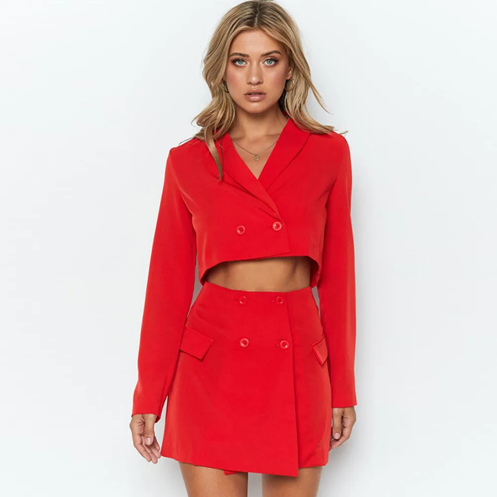 

Vintage Solid Colors Suits Fashion Woman Blazer Suit 2021 Women Cropped Blazer and Button Up Mini Skirt Slim One Piece Crop Tops