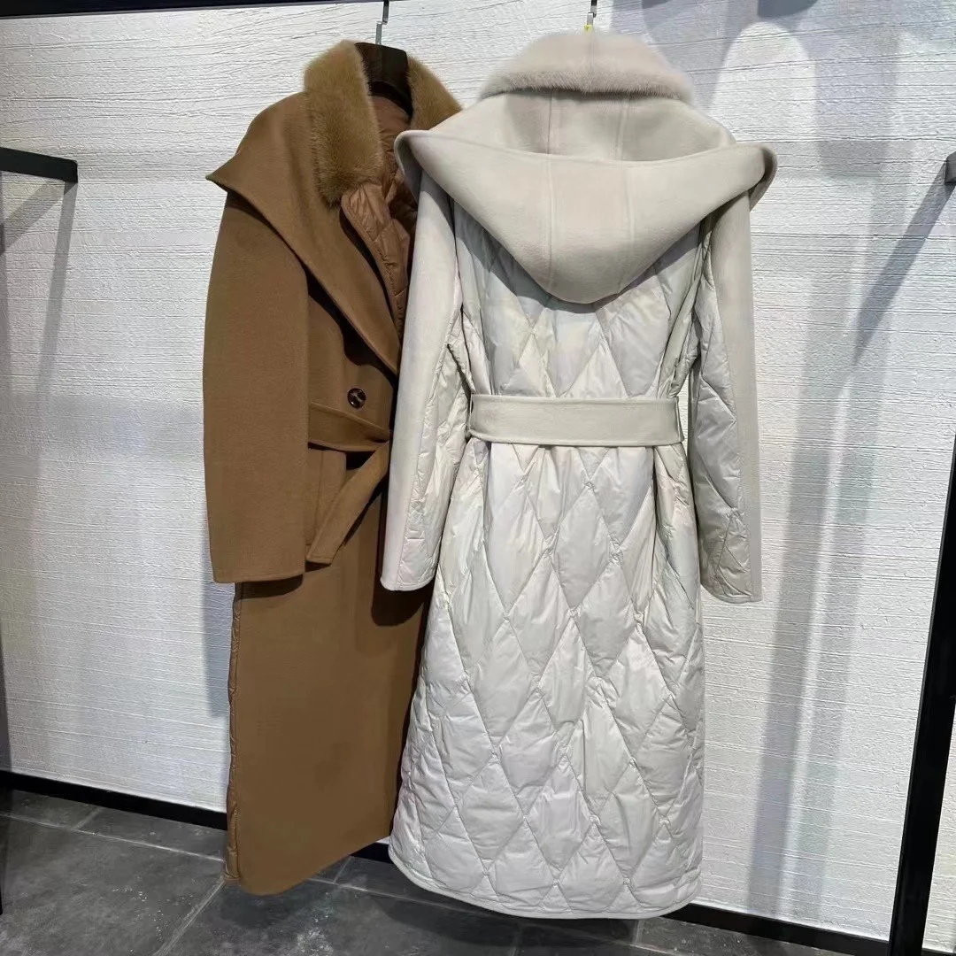 women's fashion luxury coat autumn winter new female high quality Goose down coat 10% cashmere 90% wool