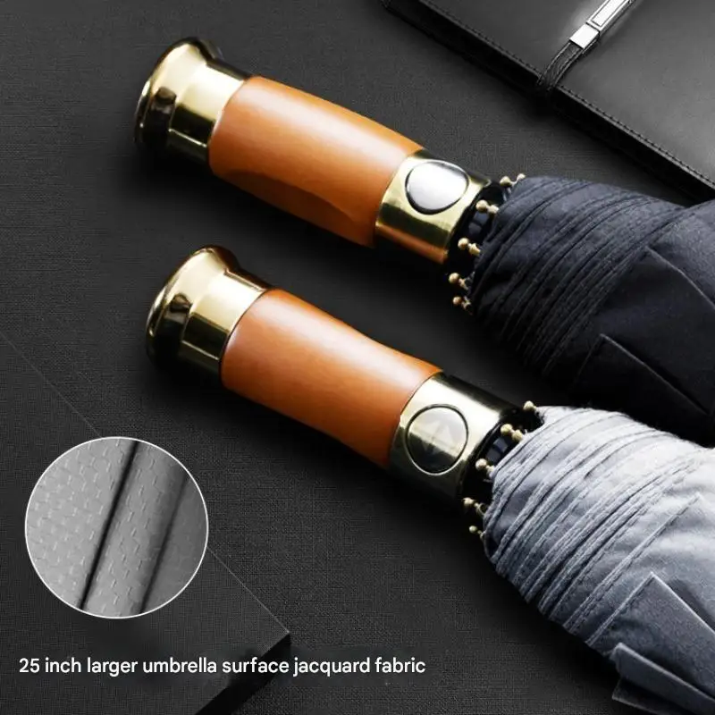 

Wooden Handle Fully Automatic Three-fold Large Umbrella Men's Business High-end Reinforced Storm-resistant Business Umbrella