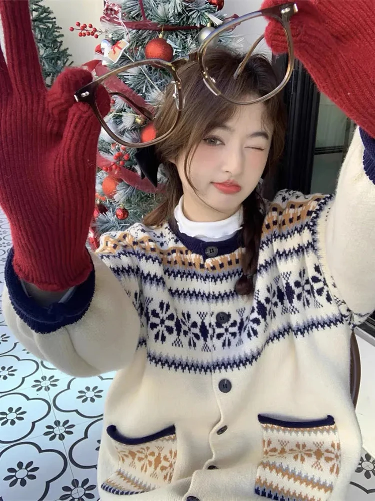 

Japanese Jacquard Cardigan Women Sweet Preppy Pocket Button Casual Sweater Loose Lazy Winter Kawaii Long Sleeve O Neck Retro Top