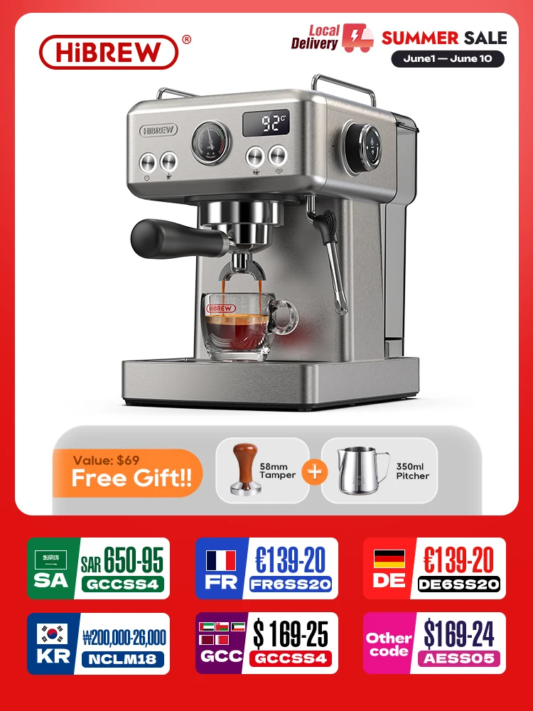 HiBREW 20Bar Semi Automatic Espresso Coffee Machine Temperature Adjustable 58mm Portafilter Cold/Hot Coffee Maker Metal CaseH10A