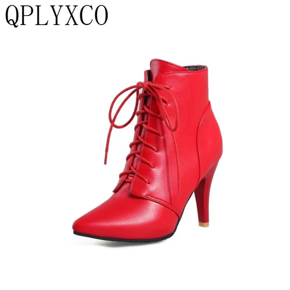 QPLYXCO Super Big Size 53 54 Ankle Boots for Women Spring Autumn Winter Pointed Toe High Heels Lace Up Party Wedding Bootie  A-1