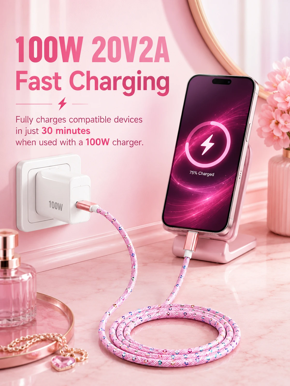 Beixy Typ C zu Typ C 3M PD 100W Superschnelles Ladekabel für iPhone, Macbook Pro, Samsung, Xiaomi, Mädchen C zu C Verlängerungs-Datenkabel – Detail 2