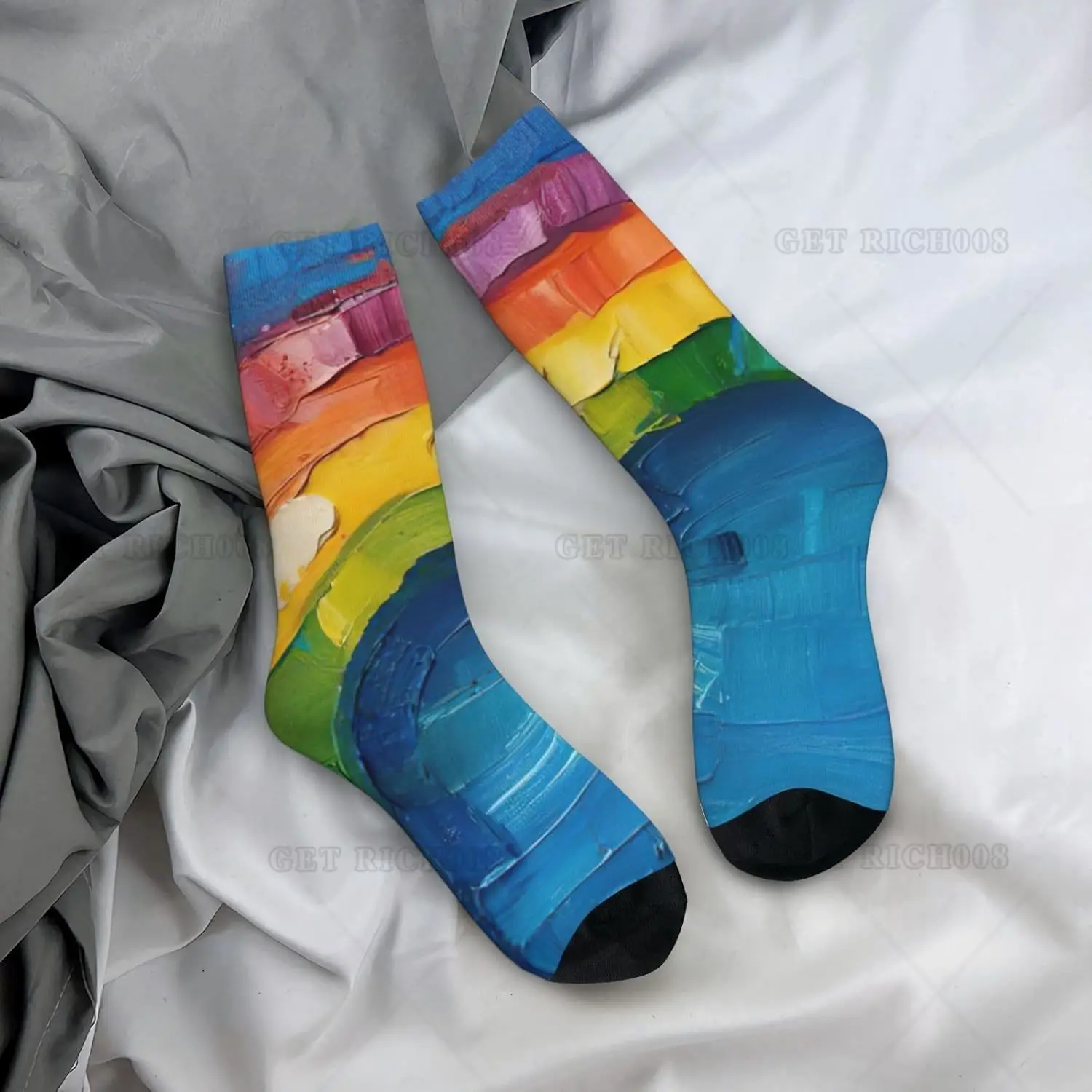 Rainbow Print Warm Men Women Mid Length Socks Home Travel Socks Funny Novelty Stretchy Adult Socks