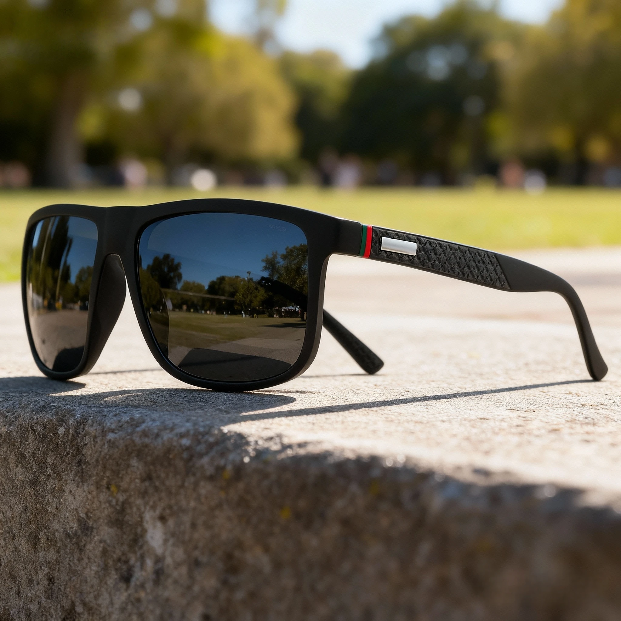 Neue modische, übergroße, farbenfrohe Sonnenbrille – rot/grün gestreifte Bügel, UV400, Unisex zum Fahren, Wandern, Reisen und Geschenke