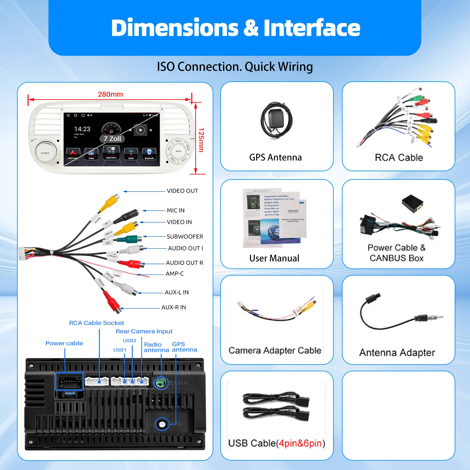 ESSGOO 4 + 64G Android 15 Auto Stereo Radio Für Fiat 500 2007-2015 7 "Display Drahtlose Carplay Android Auto GPS Nav Wifi BT RDS SWC – Detail 5