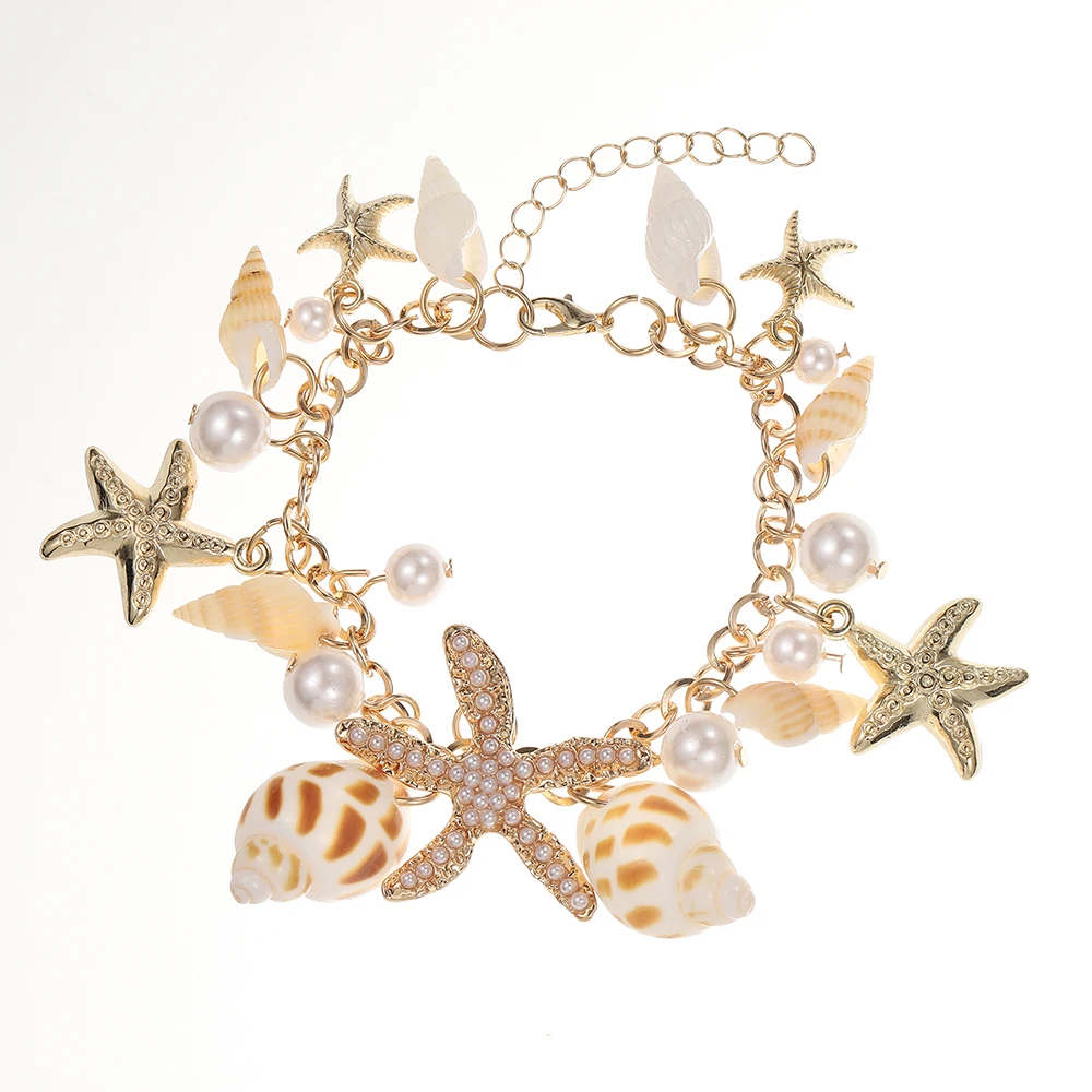 Heißes Armband mit Meeresmotiv für Damen, Seestern-Muschel-Anhänger mit Simulationsperle, Verstellbares Armband, Schmuckgeschenk für die Freundin – Detail 8
