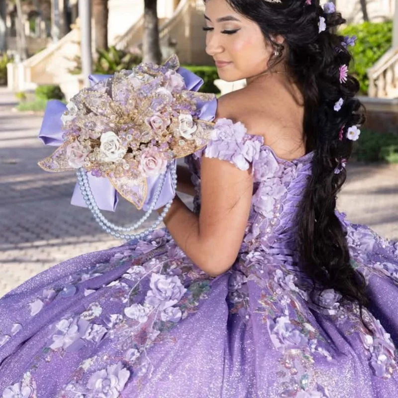 반짝이는 보라색 퀸시에라 드레스 크리스탈 글리터 데칼 3D 꽃 레이스 롱테일 베스티도스 데 15 퀸시에라 ﻿ 맞춤 제작