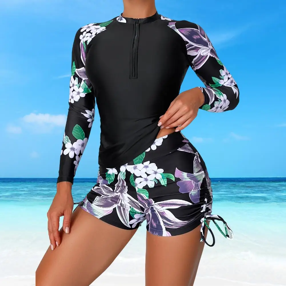 Swimming Top Shorts Long-sleeved Swimsuit Floral Print Women's Swimsuit Set with Round Neck Zipper Closure 2 for Conservative