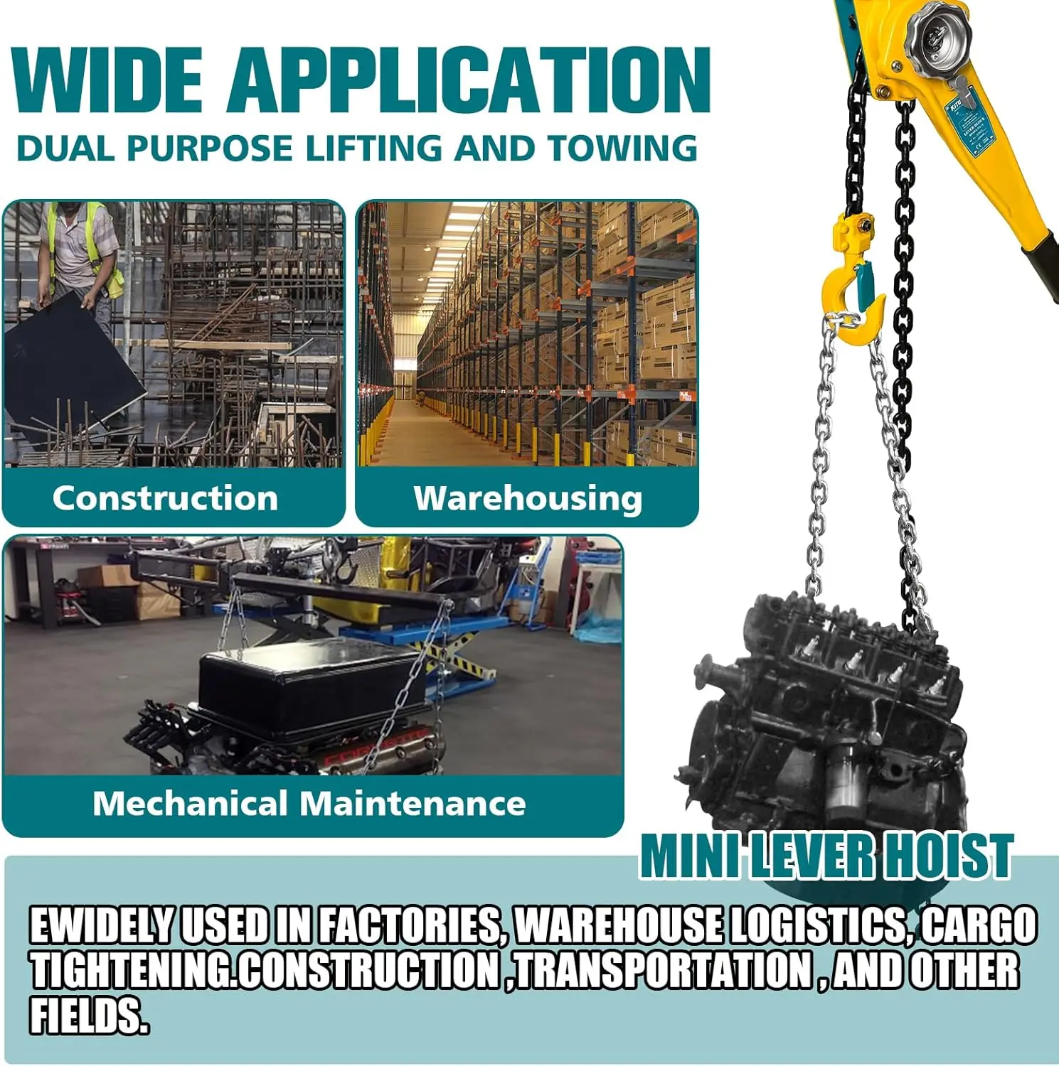 1.5 Ton Manual Chain Hoist, 3300LBS Capacity, 10FT G80 Alloy Steel with Auto Chain & 360° Hook for Garage Factory