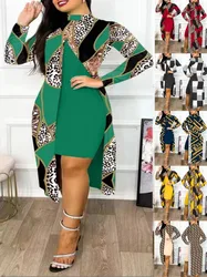 Zweiteiliges Set Damen Print Kleider Sets voller Ärmel halbhohen Kragen Split Cardigan Kleid passt elegant eine Linie Büro Dame