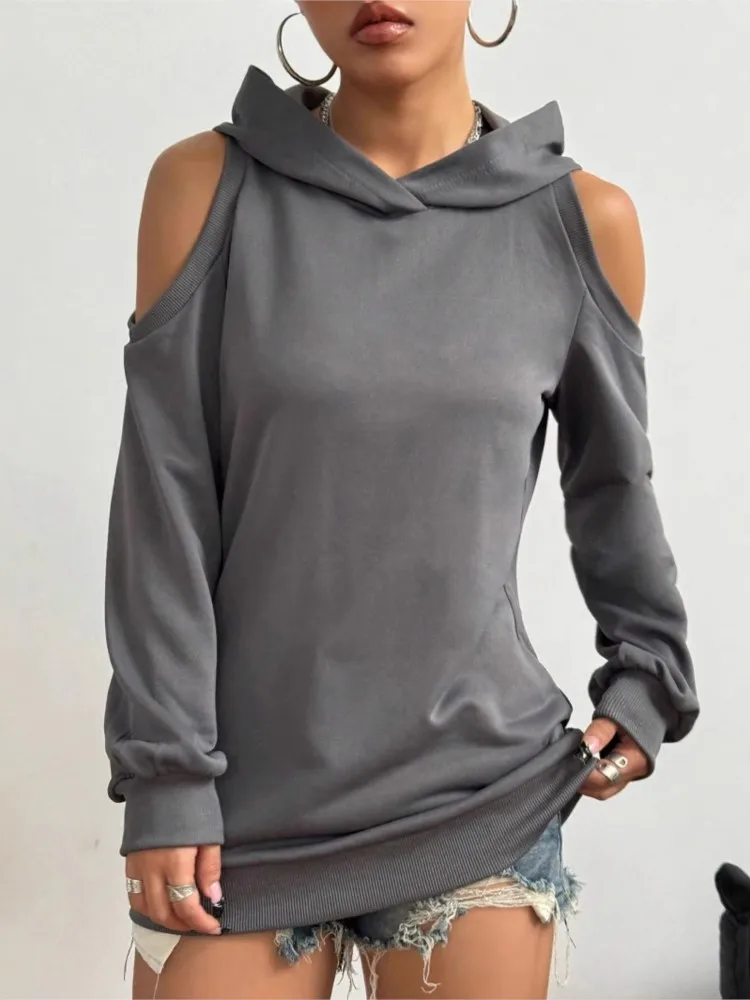

Autumn Simple Solid Color Off-the-shoulder Hooded Fashion Sweatshirt Women's Commuting Style Long-sleeved Sweatshirt Top