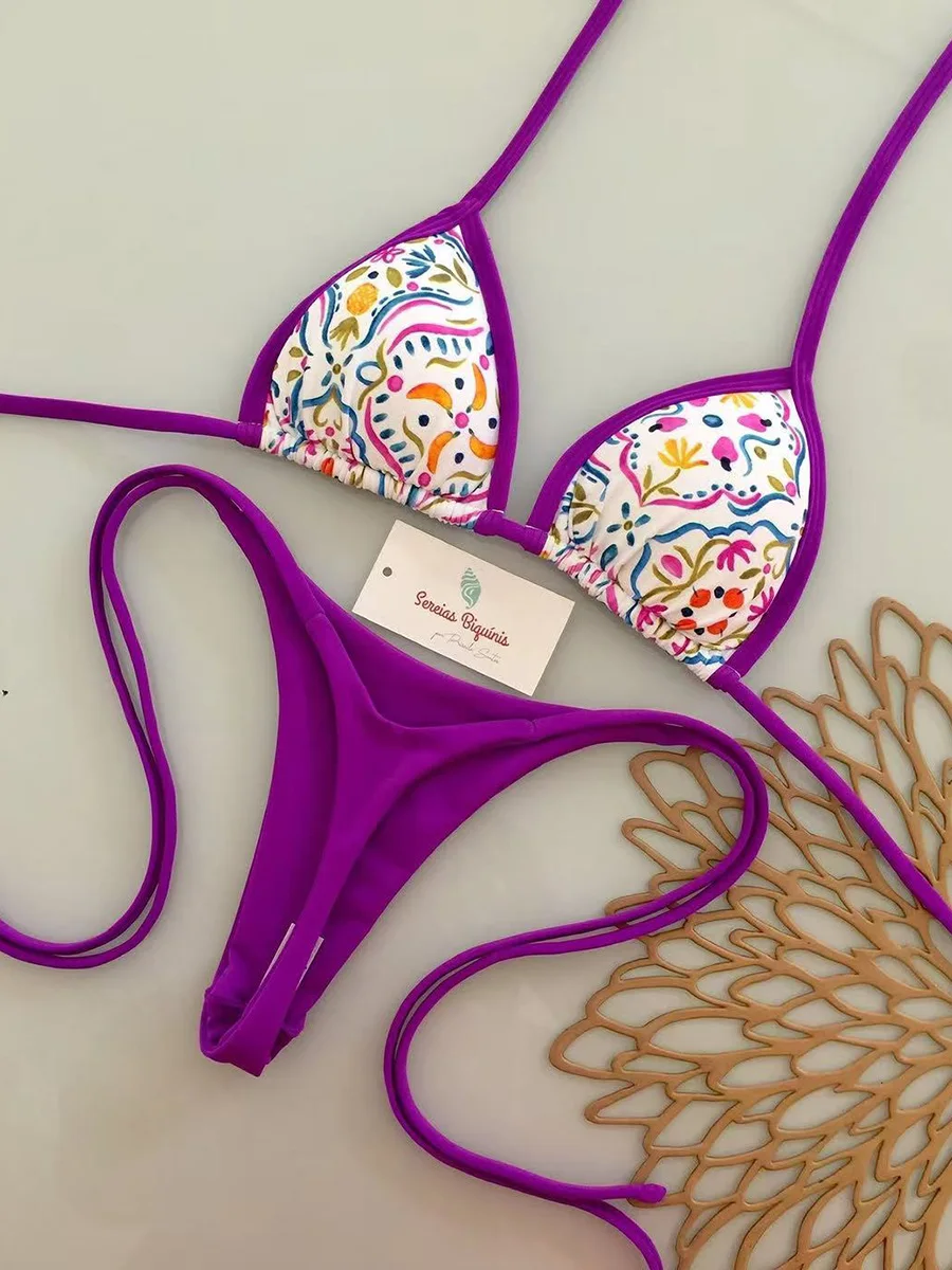 

Micro Bikini Embroidery Brasil Flag Contrast Split Bikini Set Women Swimwear Print Swimsuit Hottie Outfit SummerBeachwear