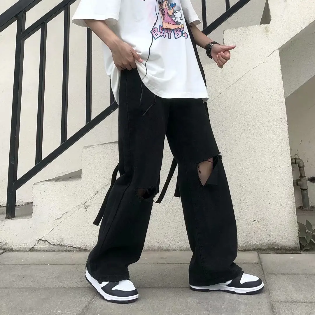 

Trendy Men's Distred Denim Jeans Loose Wide Leg Casual Long Pants Autumn Faion Straight Tube Jeans Youth Sle