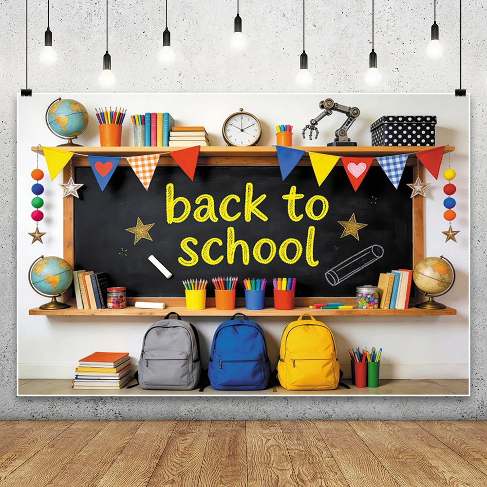 Back To School Photography Backdrop Books Drawing Pens Blackboard Bookshelf Student Birthday Party Decoration Photo Background