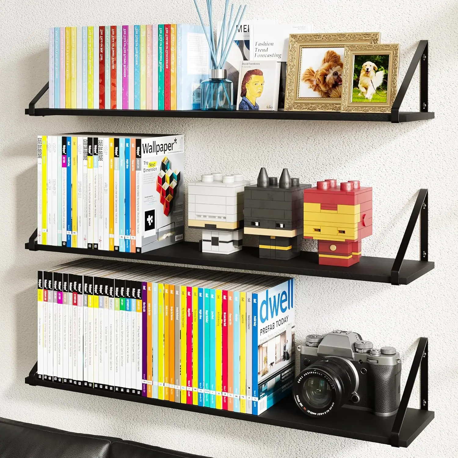 

Rustic Wood Wall Shelves - Set of 3, Large Bookshelf for Living Room, Bedroom and Kitchen, Black Shelves for Wall Decor