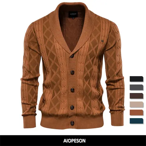 Cardigan Argyle in cotone AIOPESON uomo Casual monopetto tinta unita Business uomo Cardigan New Winter Fashion maglione uomo