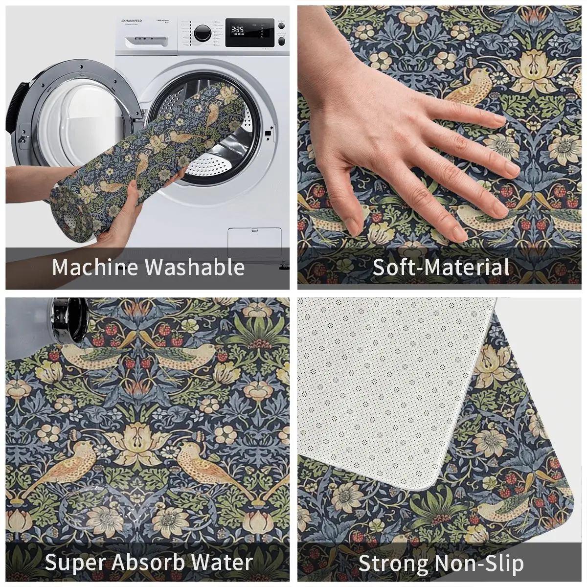 William Morris Strawberry Thief 1 Bath Mat Carpet Door Mat 50x80cm Vinylic Carpet Vinylic Carpet Area Rug