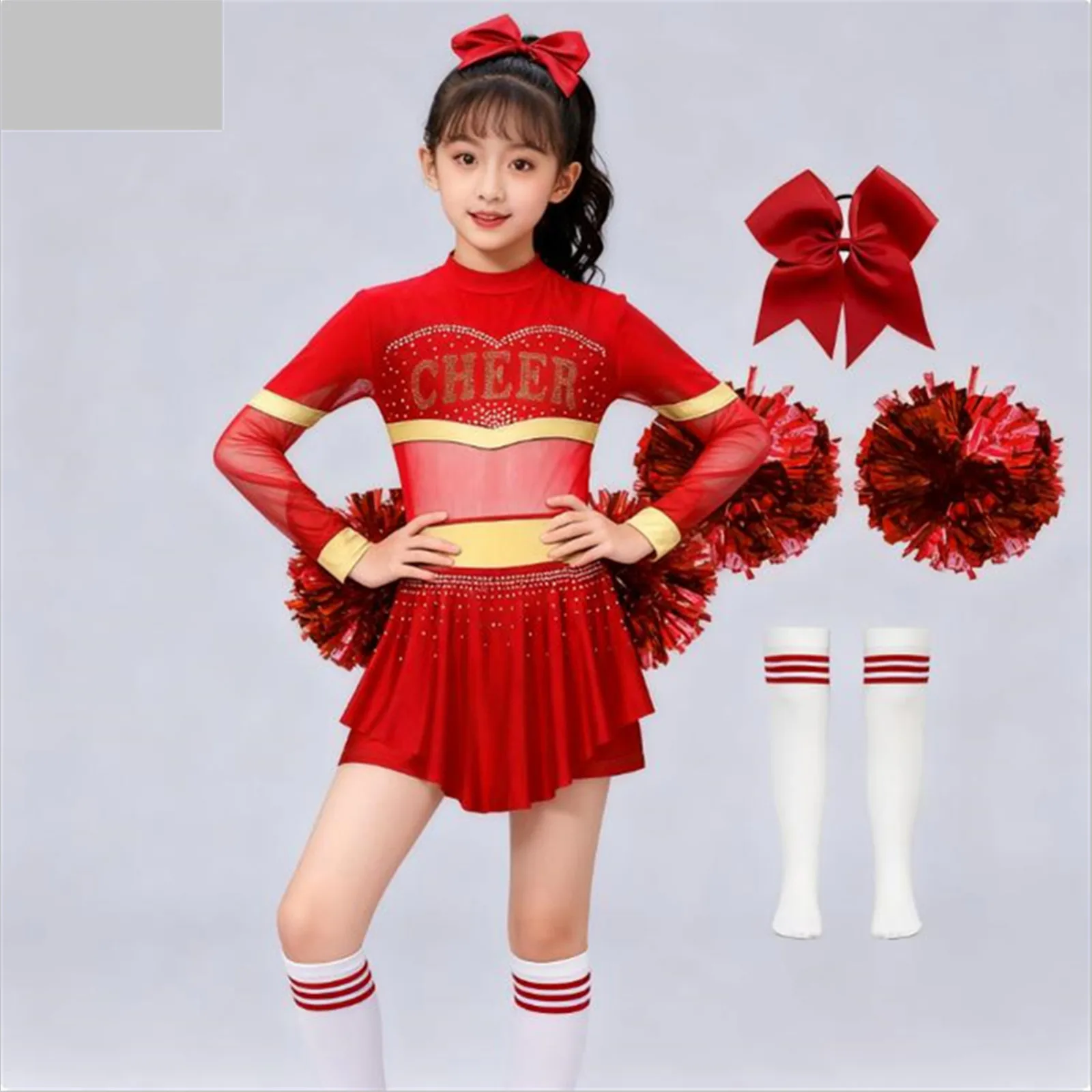 أطفال بنات يهتف زعيم زي التشجيع الباليه ملابس الرقص الحديثة طويلة الأكمام الماس الرقص ثياب بذلة اللباس #2