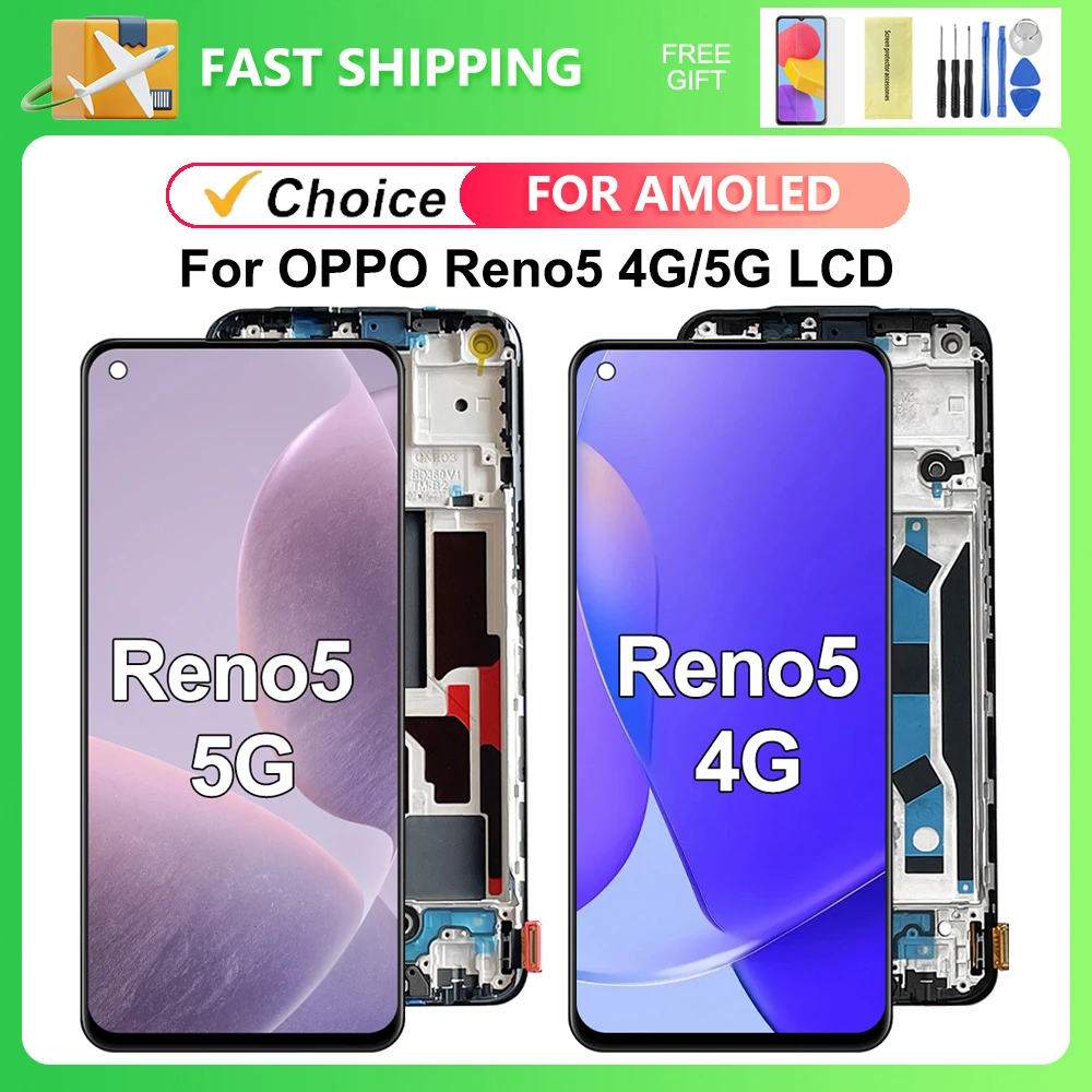 For AMOLED For OPPO Reno5 4G 5G Reno 5 CPH2159 CPH2145 PEGM00 PEGT00 LCD Display Touch Screen Digitizer Assembly Replacement