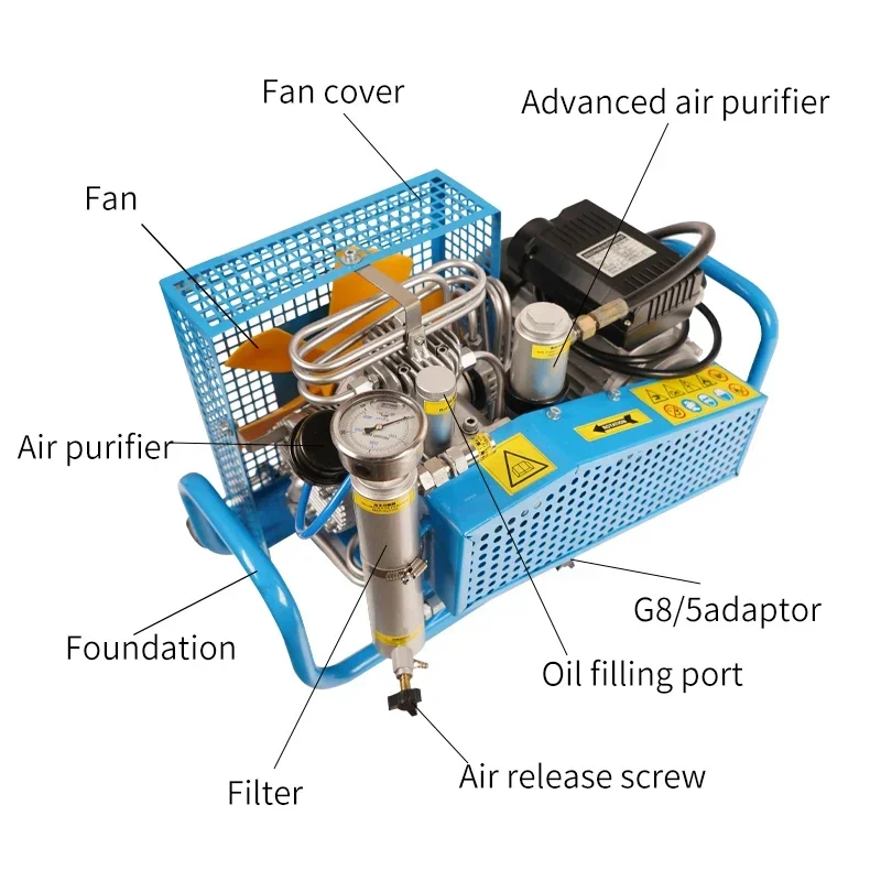 TUXING 공장 고압 수동 정지 4 실린더, 선풍기 냉각 호흡, 빠른 팽창, 다이빙 공기 압축기, 4500psi/300bar