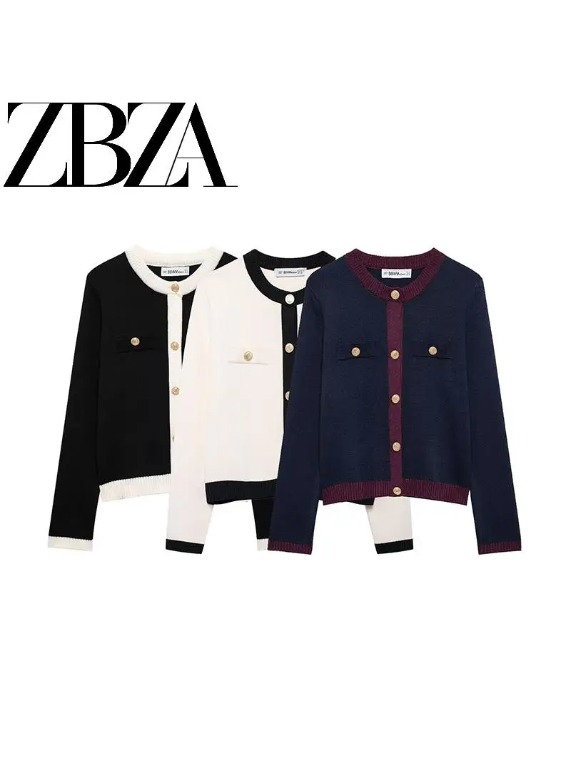 

ZBZA Autumn New Women's Faion Classic Sle Knitted Jaet Gold Button Ele Casual Long Sve round Ne Polyester Fiber