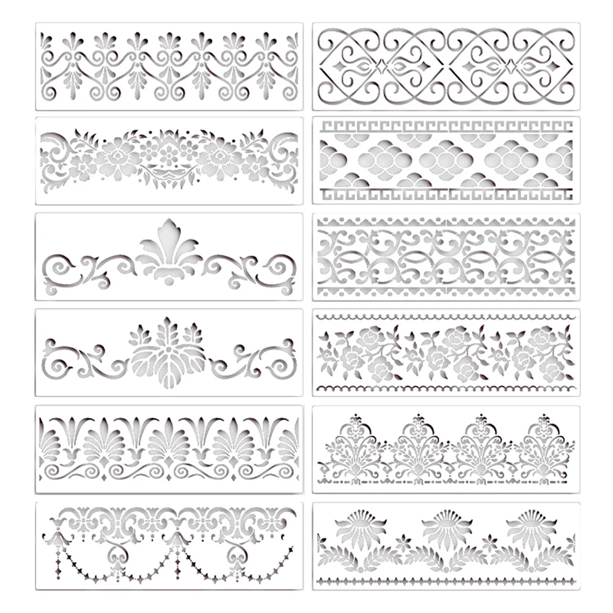 A49T 12Pcs Flower Border Stencils Mandala Stencils Reusable Cut Painting Templates for DIY Craft Stencils, 12 x 3.9 Inch