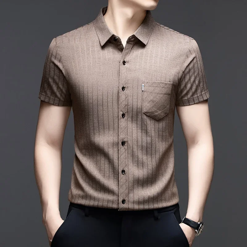 Mens Formal Stripe Short Sleeve Shirt Formal Casual Button Down Collar With Chest Pocket Comfortable Fabric For Work All Seasons