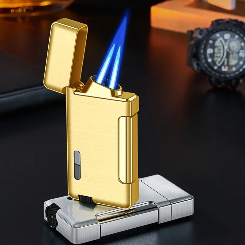 Metal Butane Gas Lighter Windproof Blue Torch Jet Drouble Fire Turbo Lighters Visible Oil Tank Cigar Smoking Accessories Outdoor