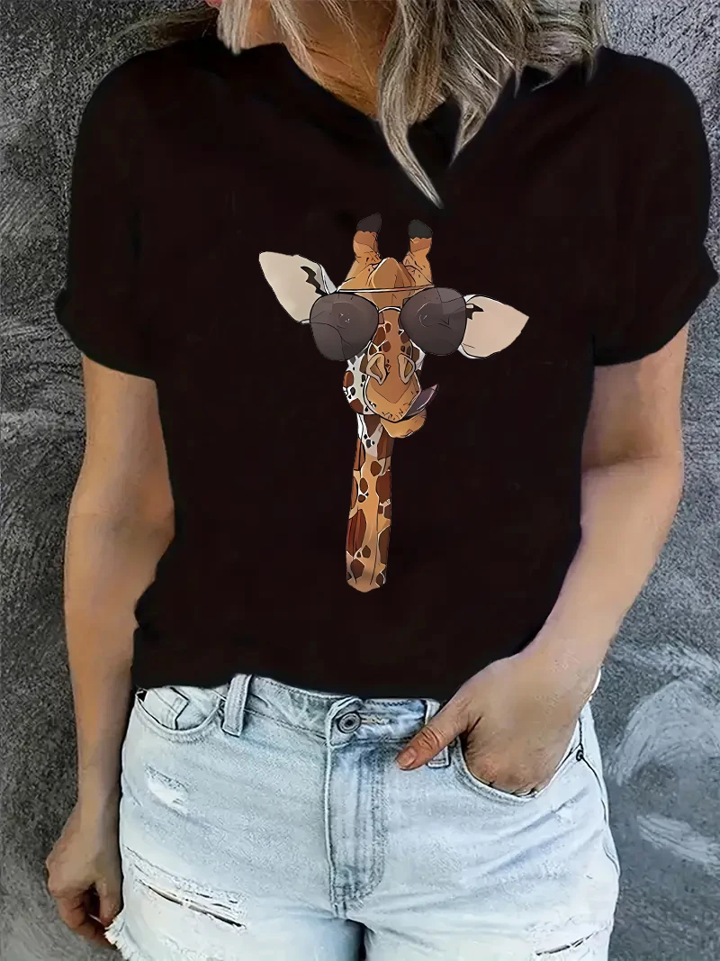 Manga T Shirt Fashion Giraffe Head Print T-shirt Short Sleeve Crew Neck Casual Top for Summer Spring Women's Clothing Top Tee