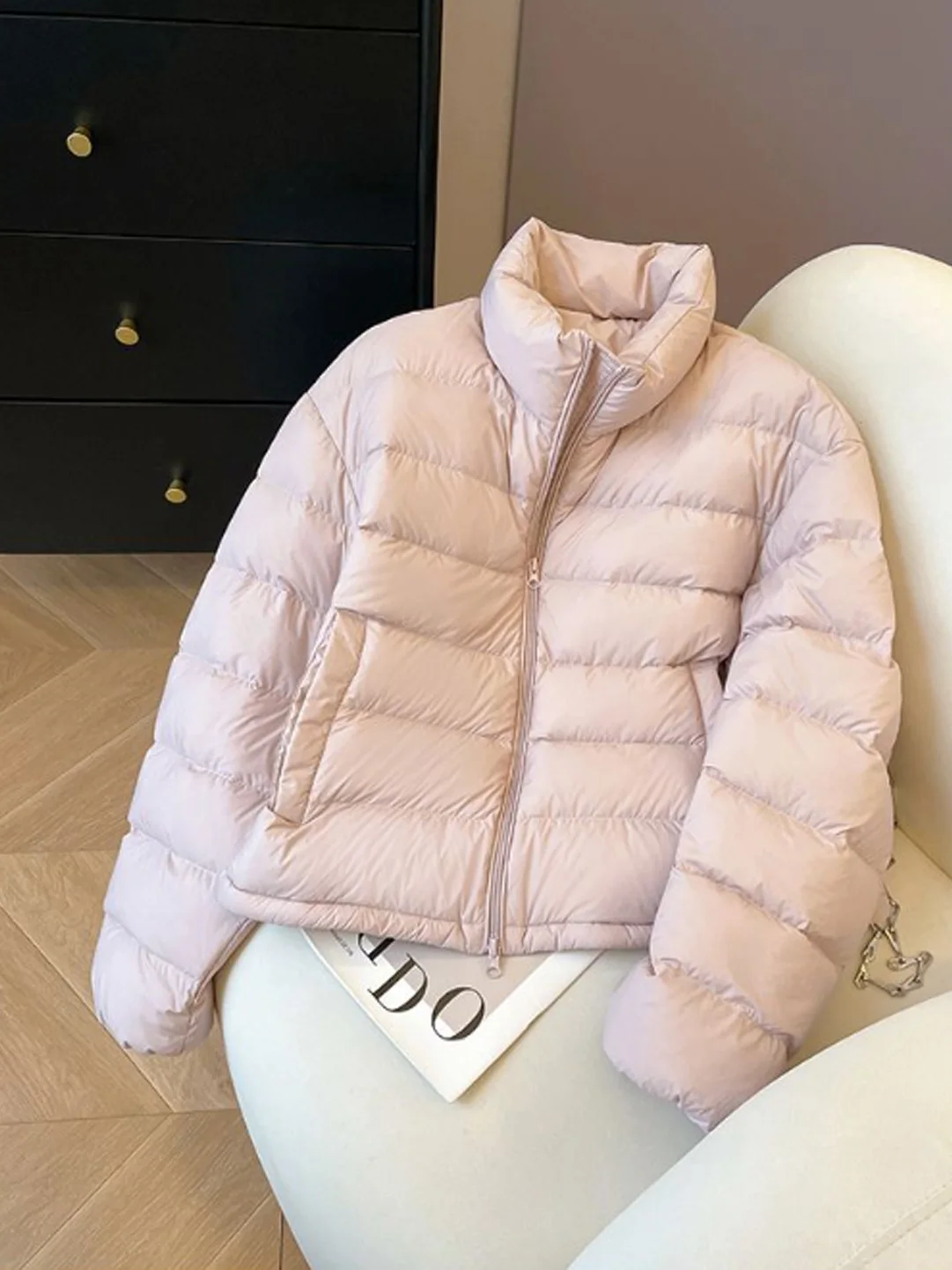 

Korean Style Stand Collar Thickened Pink Cotton Jacket Women's Fashionable Warm Coat Long Sleeve Zipper Closure Regular Fit