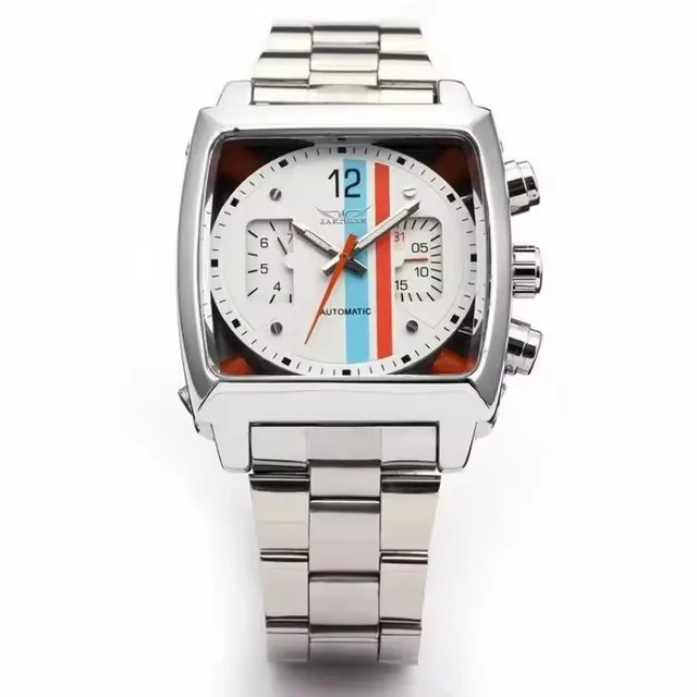 JARAGAR 569 Men Automatic Mechanical Watch Fashion Unique Retro Design Square Date Waterproof Stainless Steel Strap Wristwatch