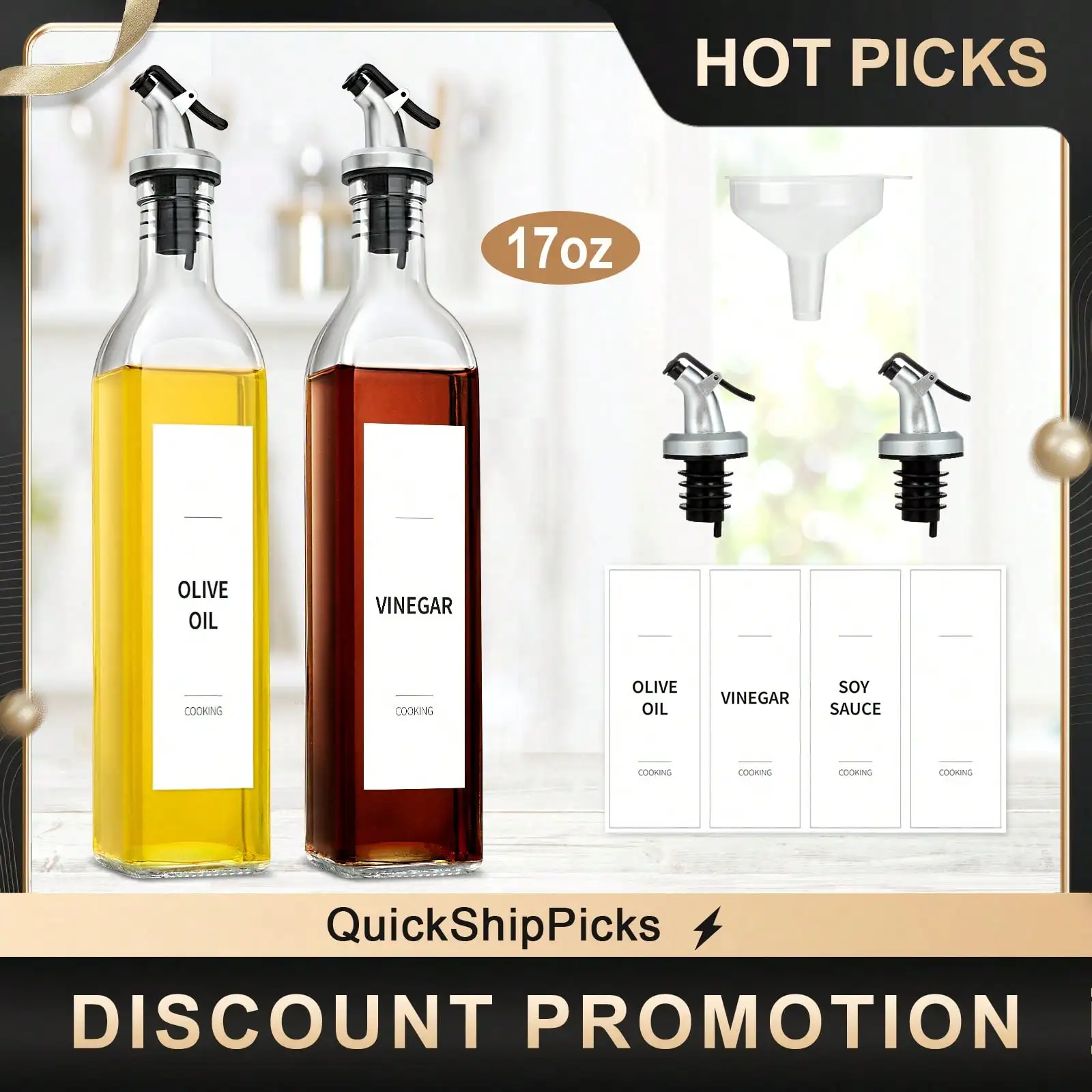

2Pcs 17oz Glass Oil & Vinegar Dispenser Set – Drip-Free Spout Cruet Bottles for Kitchen Cooking, Salad Dressing & Seasoning