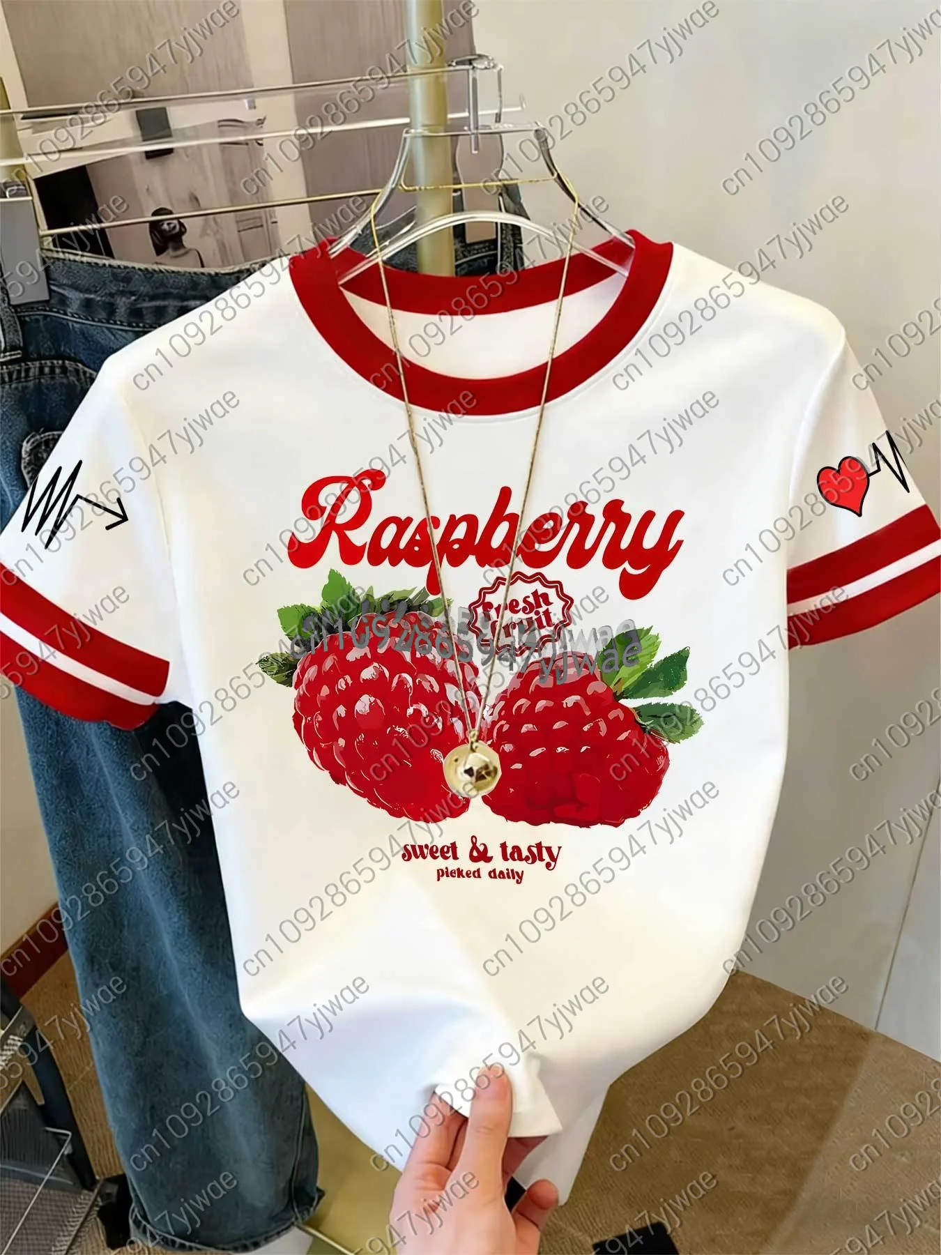 2026 Damen Kurzarm Colorblock T-Shirt mit Himbeer-Print im Y2K-Stil, Rundhals-Oberteil für Outdoor-Sport, Erwachsenen-Damen-T-Shirt – Detail 11