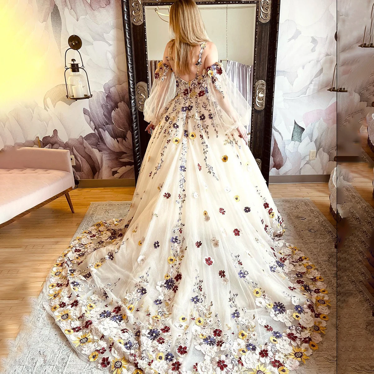 Colored Fluffy Tulle Embroidered 3D Flowers Photoshoot Dress Customized Blossom Long Bishop Sleeves Princess Wedding Ball Gowns