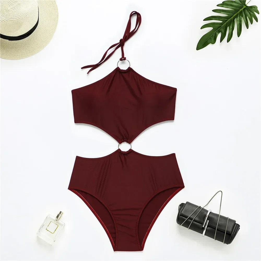 One Pieces Swimsuit Women Sexy Polyester Solid Cut Out Halter Backless Padded Swimwear Ring High Leg Monokini