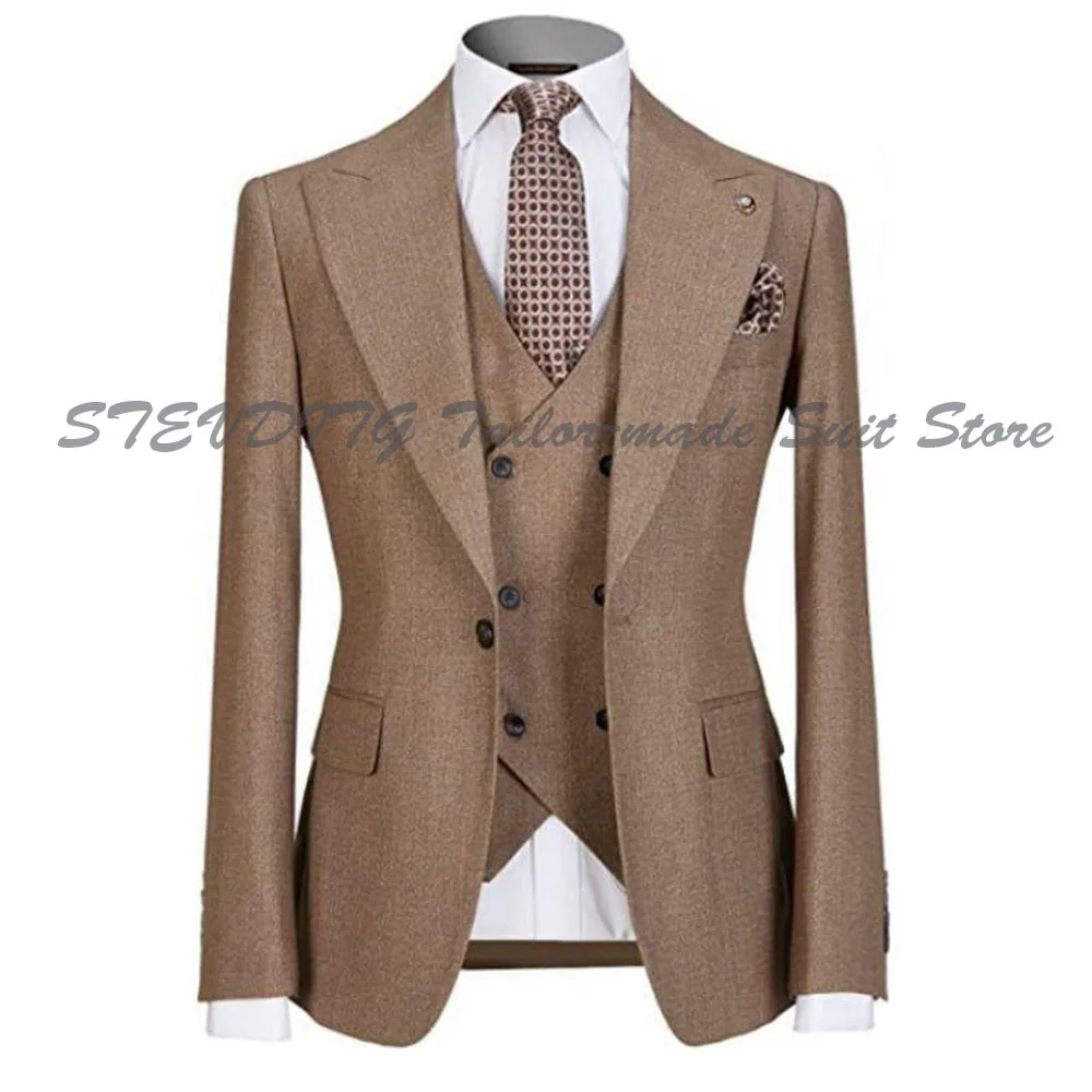 Design Formal Men Suits Single Breasted Peak Lapel High Quality 3 Pieces Jacket Vest Pants Male Clothing Classic Luxury Simple