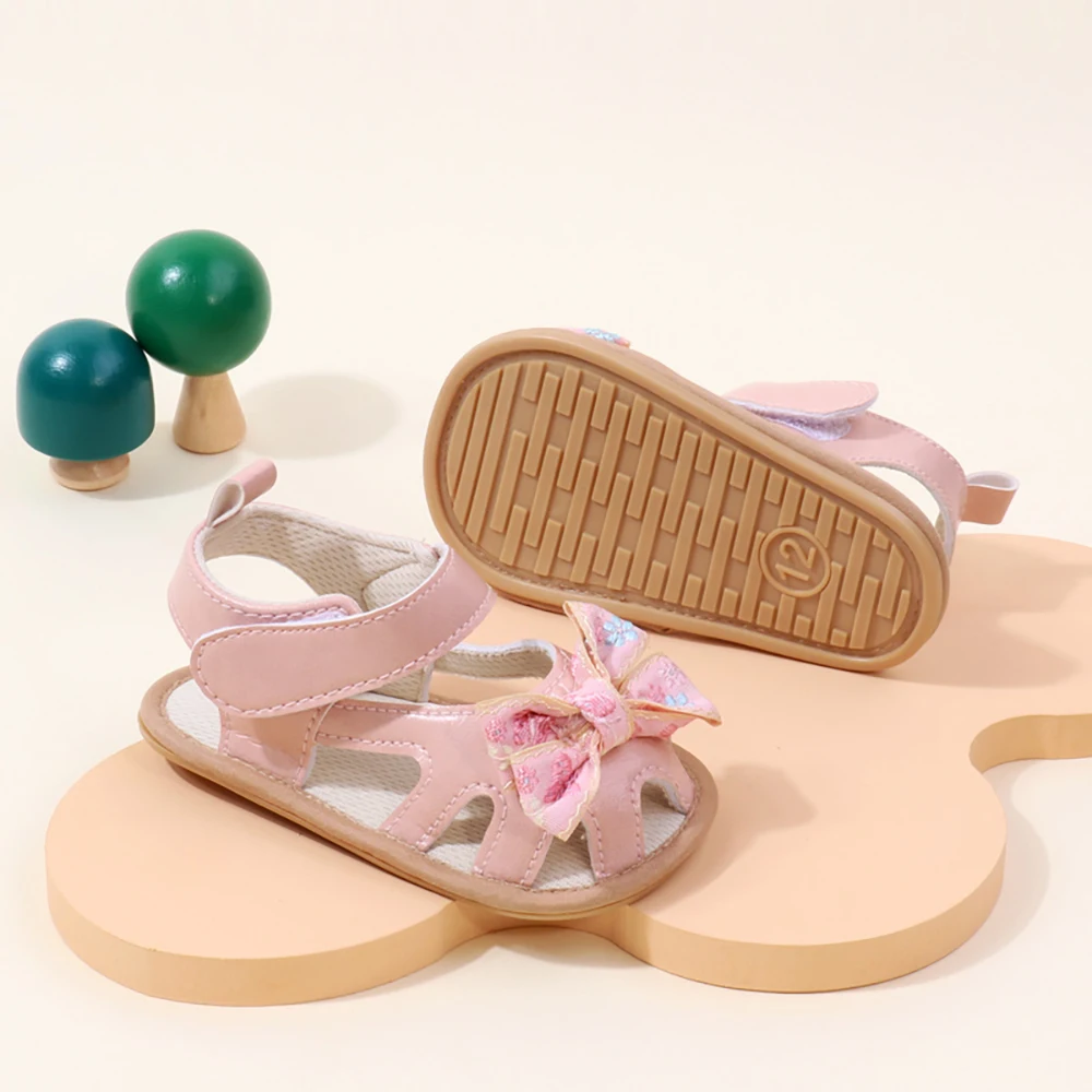 Sepatu bayi perempuan 0-1 tahun, sepatu jalan bayi gaya Vintage pita musim panas, sandal sol karet