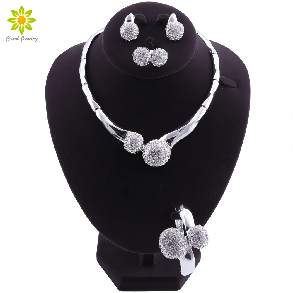 African Bridal Jewelry Sets Silver Color Women Wedding Party Jewelry Set Crystal Statement Choker Necklace Earrings Set