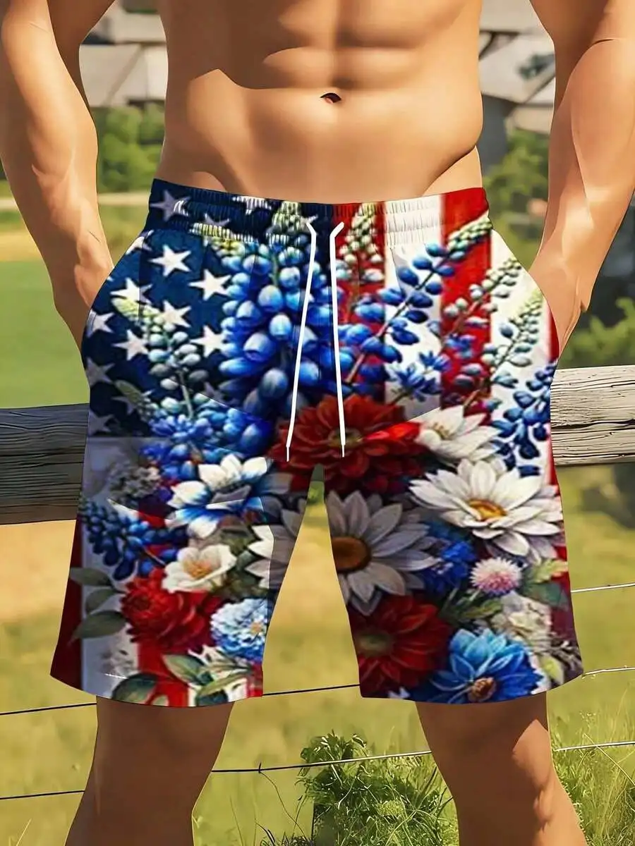 

Patriotic Floral American Flag Swim Trunks For Men With Stars And Stripes Design