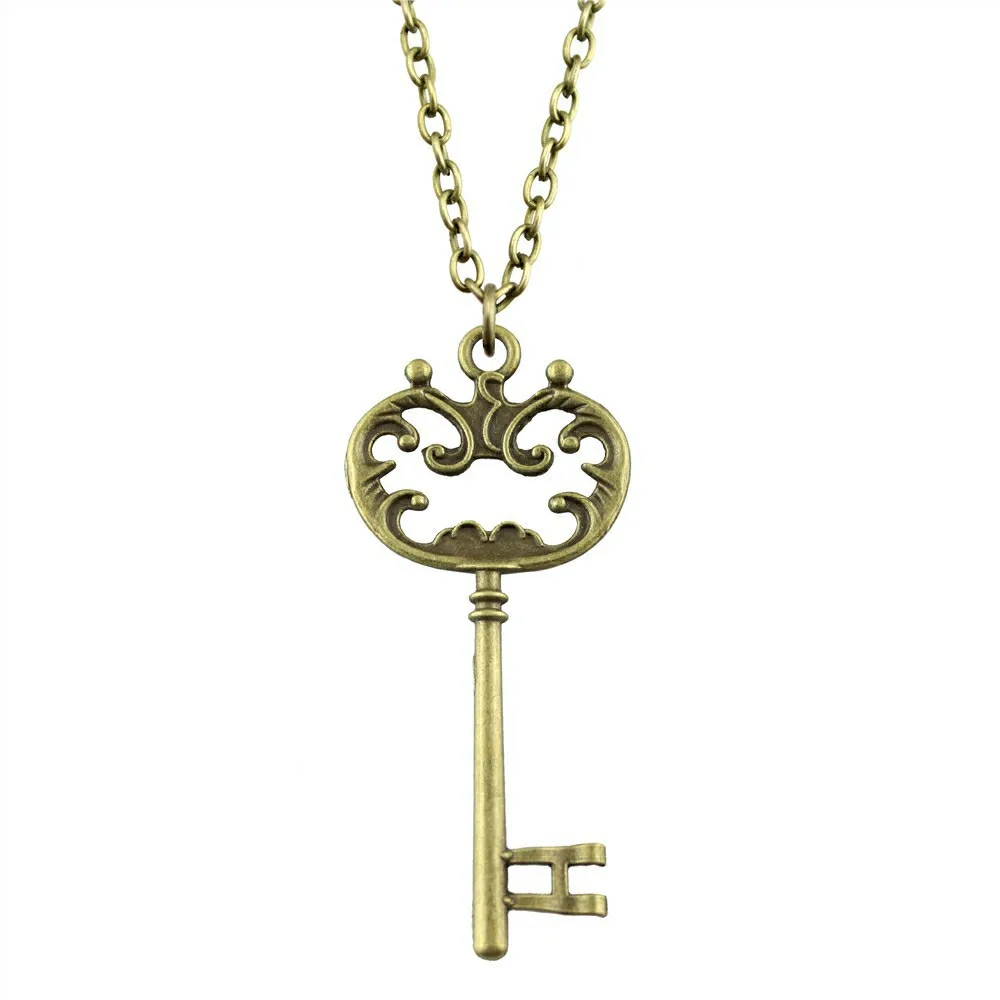 Fashion Vintage Antique Bronze Color 69mm Key Pendant Necklace For Women Men Long Chain Trendy Jewelry Accessories