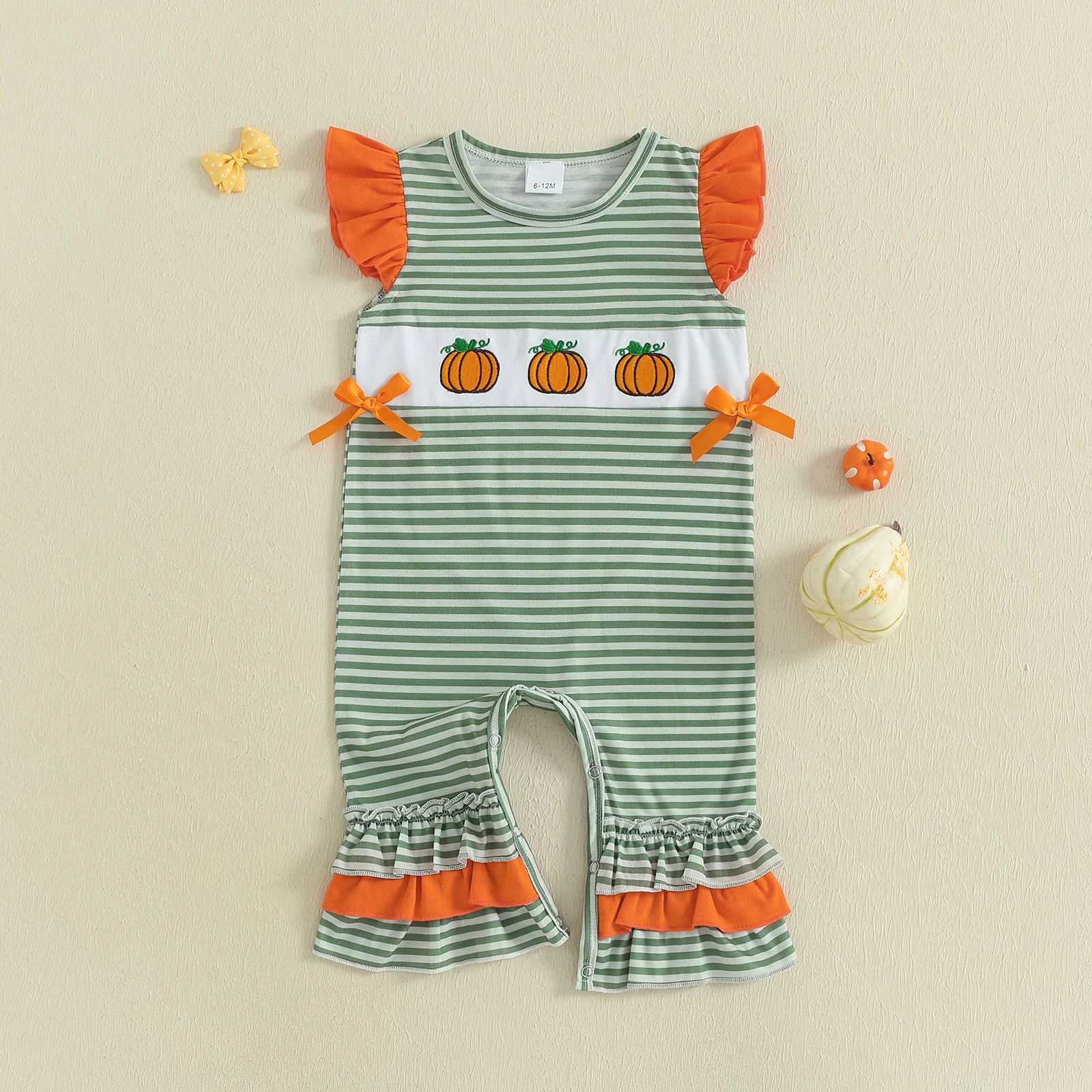 

0-18 Months Baby Girl Halloween Romper Casual Pumpkin Stripe Print Fly Sleeves Jumpsuit for Newborn Toddler Cute Clothes