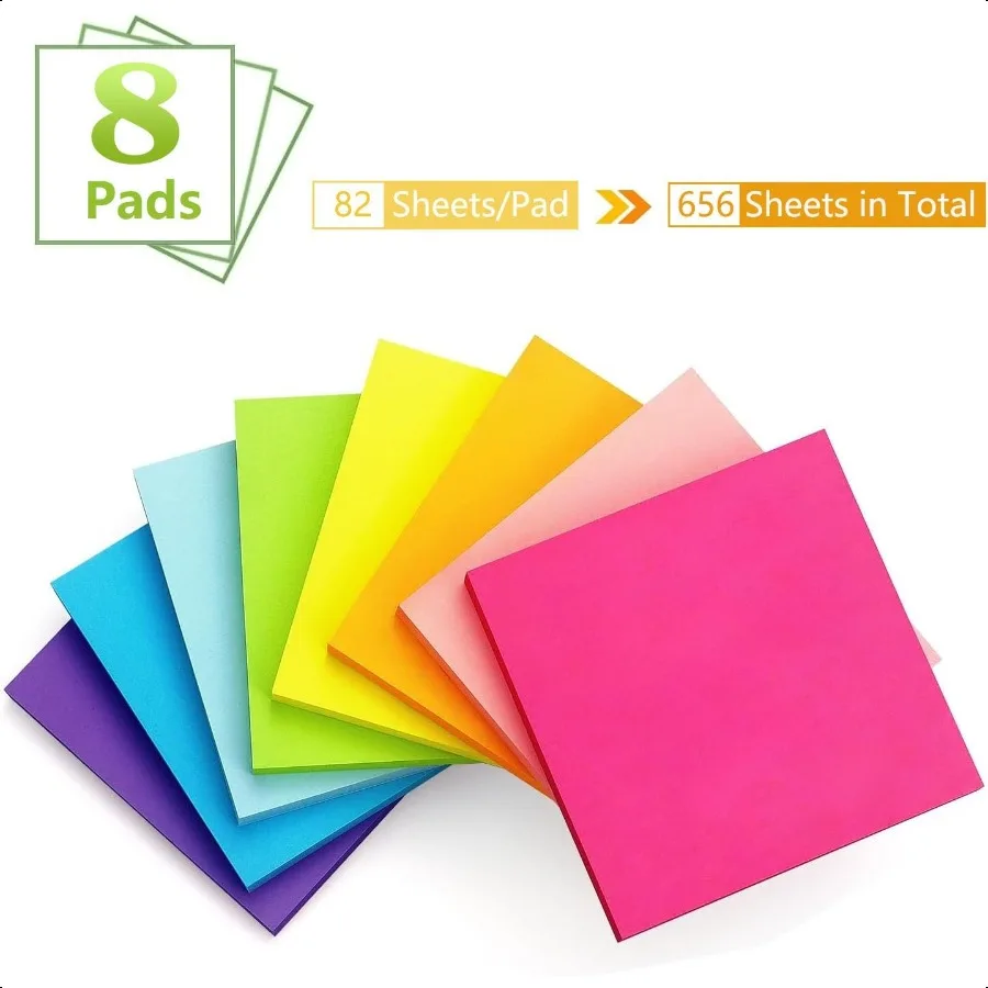 Sticky Notes 3x3 inch 8 Pads 82 Sheets pad Bright Colors SelfStick Note Pads Recyclable Sticky Pads Easy to Post for Home Offic