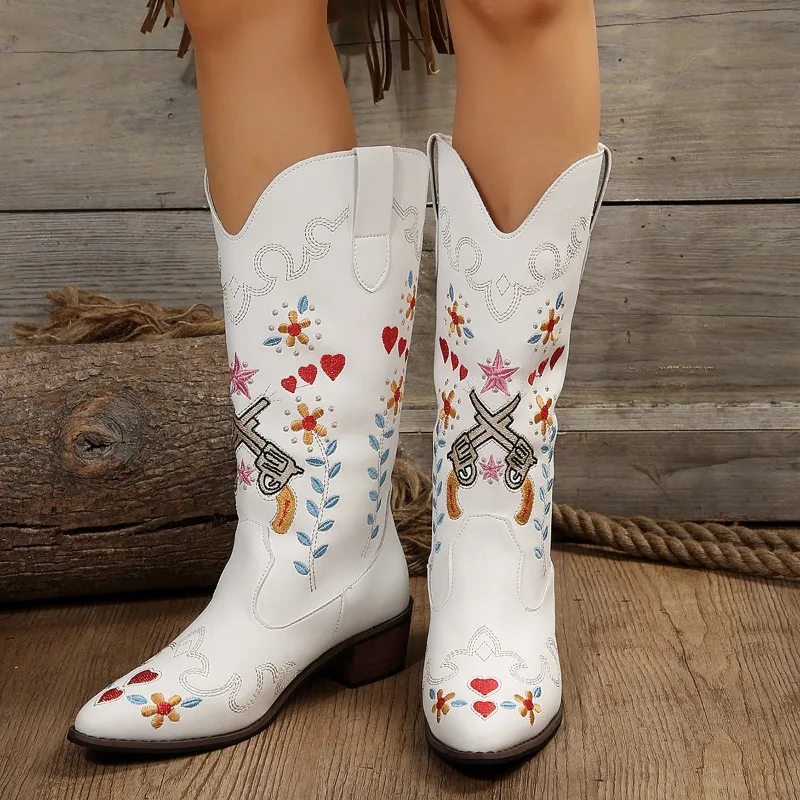 New 2024 Women's Fashion Embroidered High Boots Western Cowboy Boots Women Chunky Heels Ethnic Pointed Leather Boot