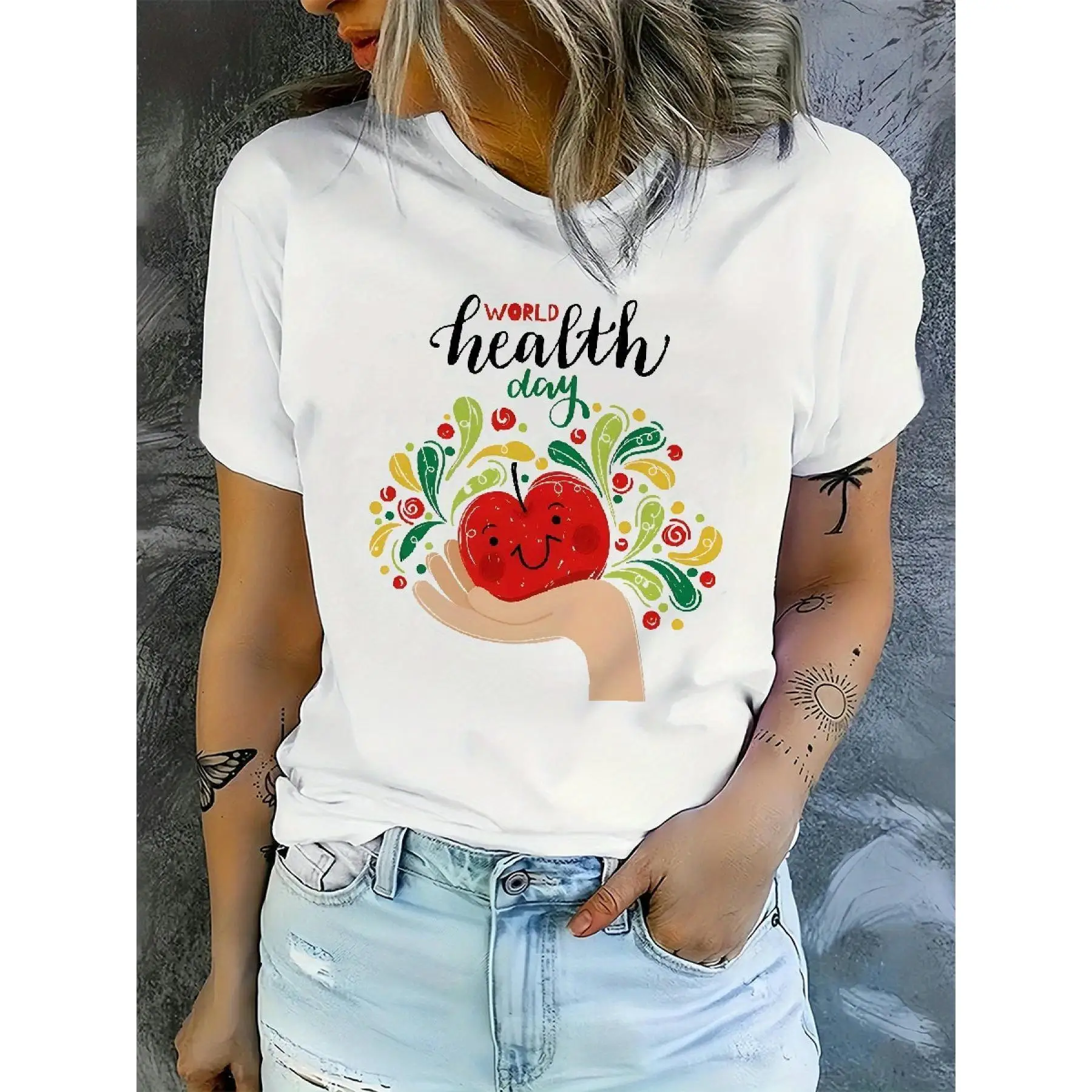 

World Health Day Inspirational Quote T-Shirt For Women - Soft Polyester Crew Neck, Vibrant Heart & Floral Design, Short Sleeve,