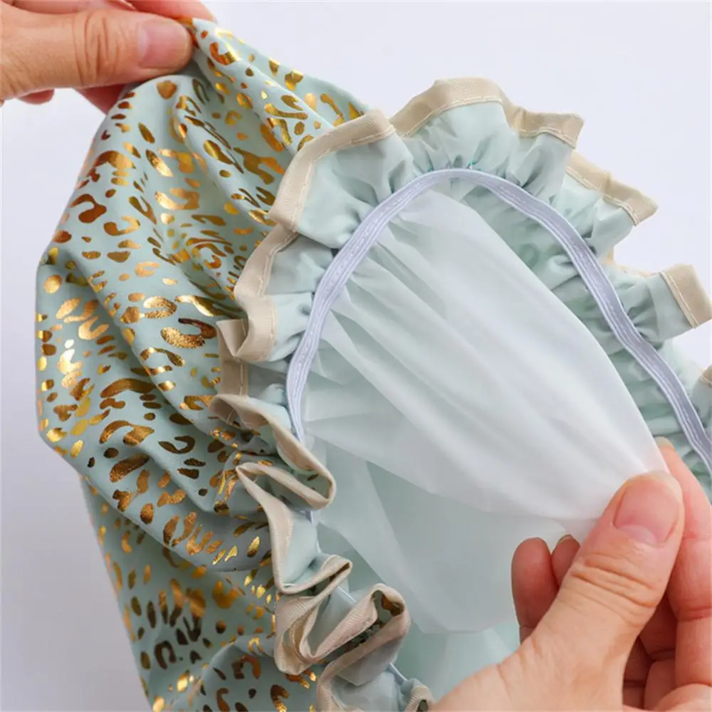 Shower Cap Double Layers Multifunctional Shower Hat Gilded Printing Polyester Cotton Hair Waterproof Breathable Dust-proof Bath