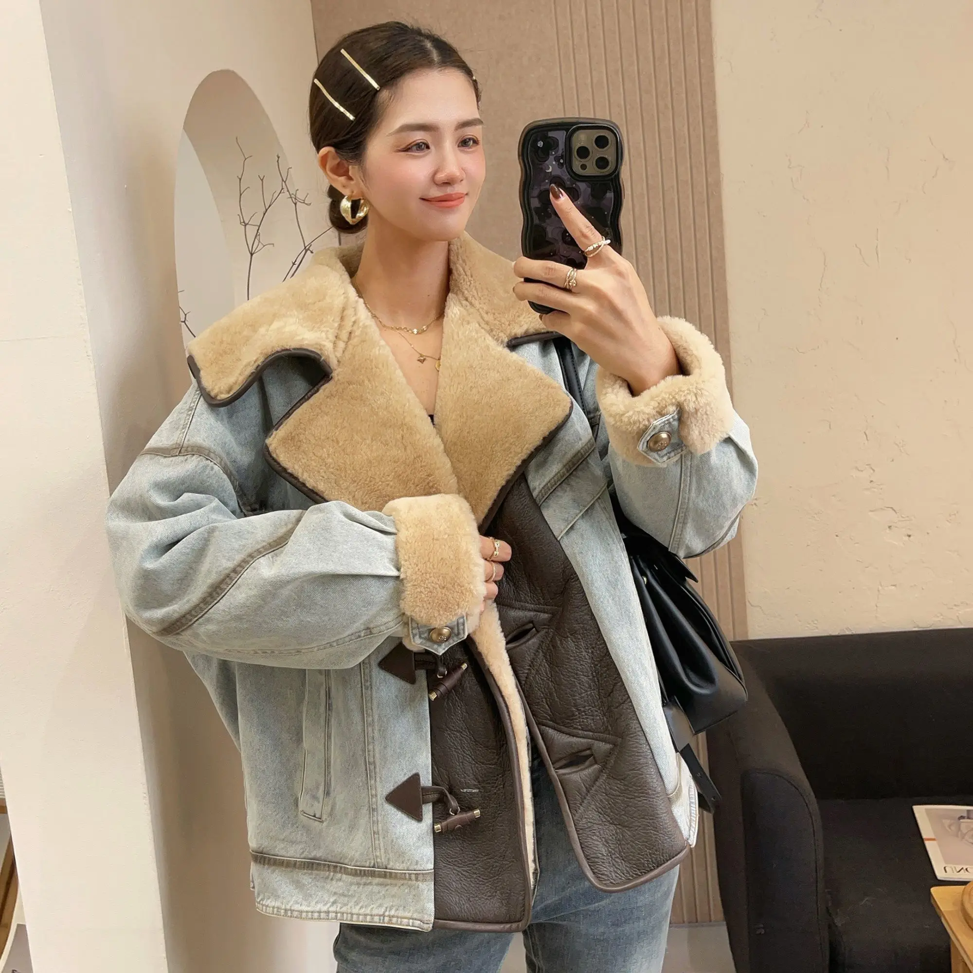 

Denim Imitation Goose Down Fur One-Piece Long-Sleeved Jacket Autumn Winter Thickened Women'S Loose Lazy Style Niche Design Top