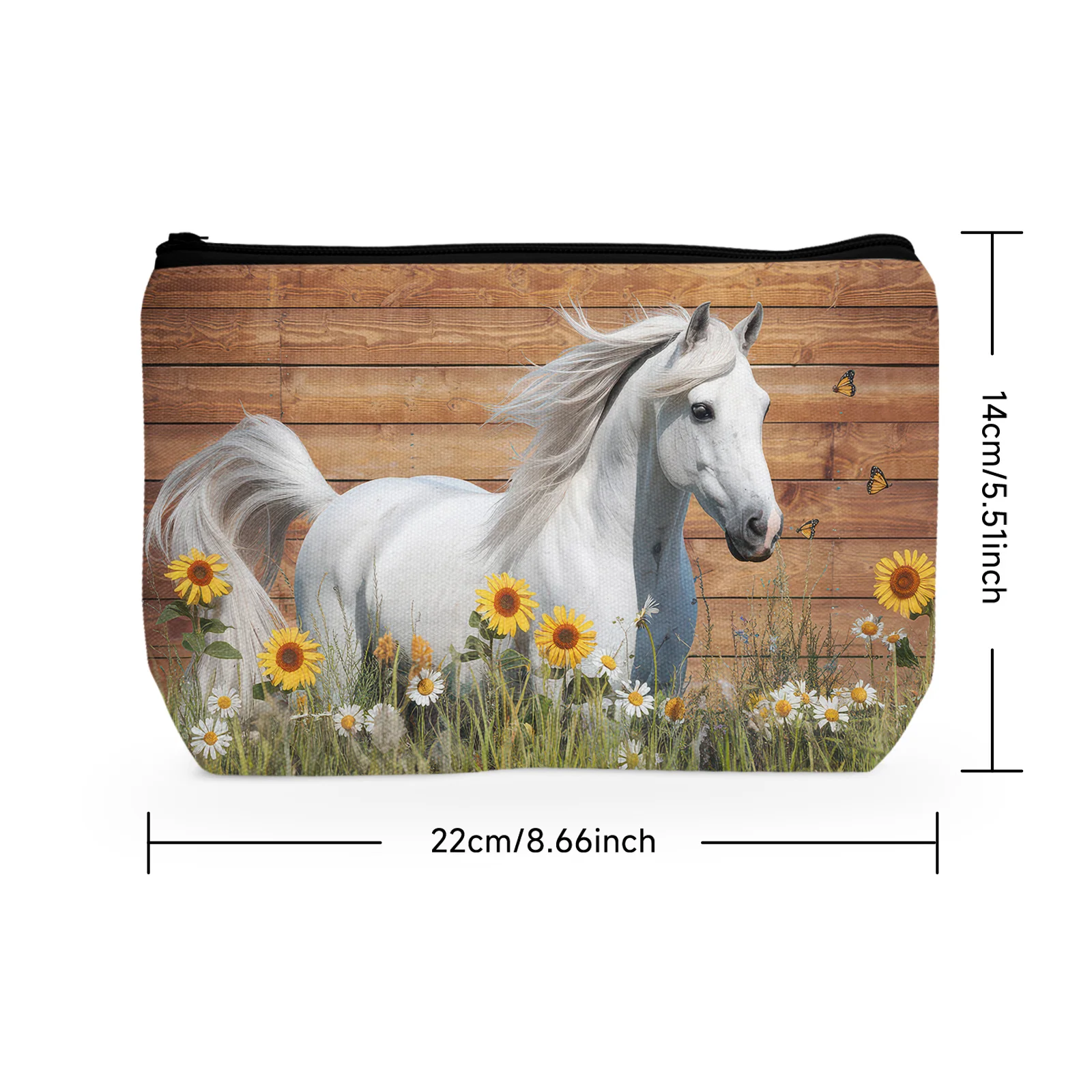 1Pc White Horse Cosmetic Bag With Zipper Brown Wood Background Garden Grassland Portable Fashion Makeup Bag